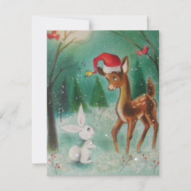 Vintage Baby Christmas Deer and Bunny Holiday Card (Front)