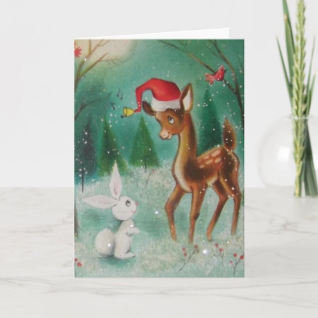 Vintage Baby Christmas Deer And Bunny Holiday Card (Front)