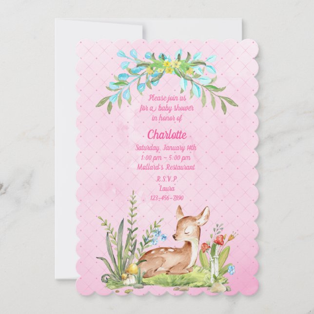 Vintage Baby Deer sitting in grass pink Invitation (Front)
