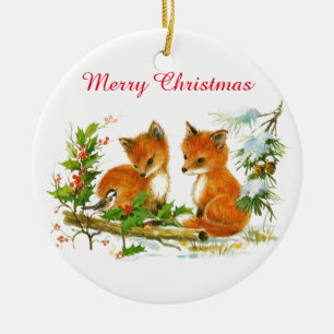 Vintage Baby Foxes Snow Holly Berries Christmas Ceramic Tree Decoration