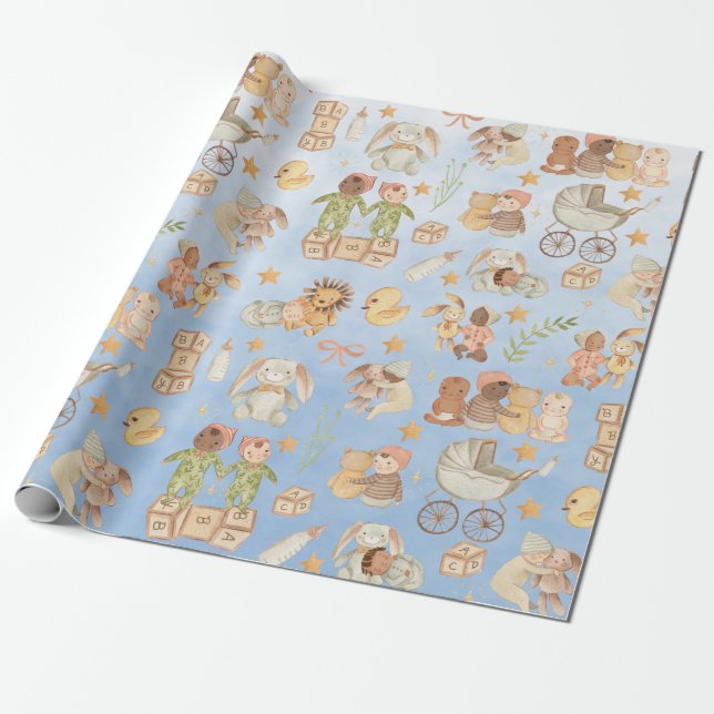 Vintage Baby & Friends First Birthday Party Wrapping Paper (Unrolled)