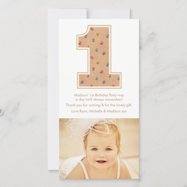 Vintage Baby Girl 1st Birthday Thank You PhotoCard (Front)