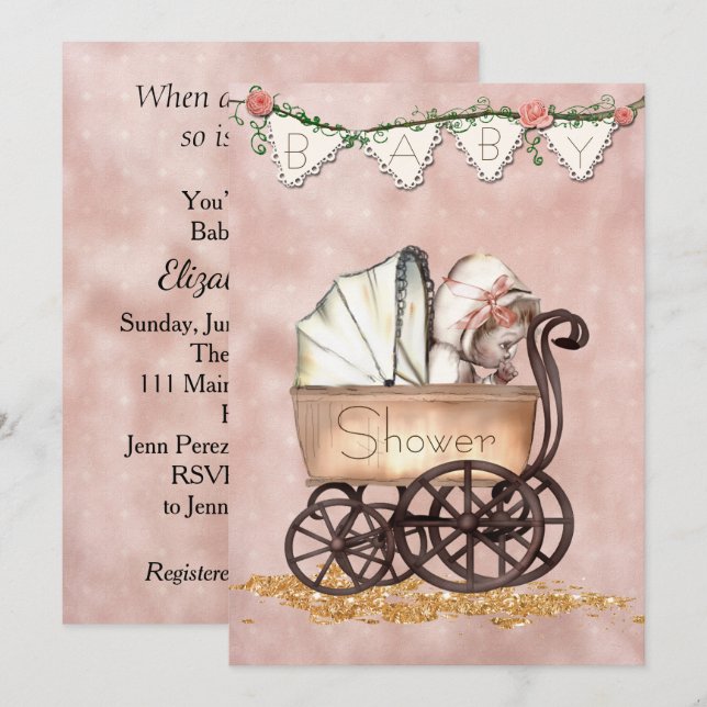 Vintage Baby Girl Baby Shower Invitation (Front/Back)