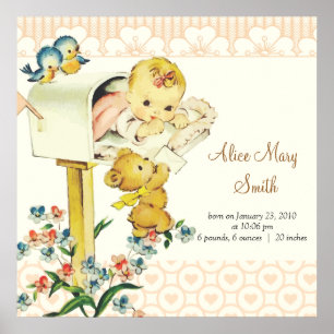 Vintage Baby Girl in Mail Box Personalized Birth Poster
