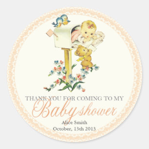 Vintage Baby Girl inside Mail Box Baby Showe Favou Classic Round Sticker