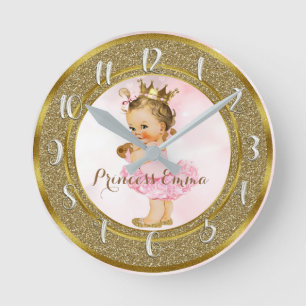 Vintage Baby Girl Pink & Gold Personalised Nursery Round Clock