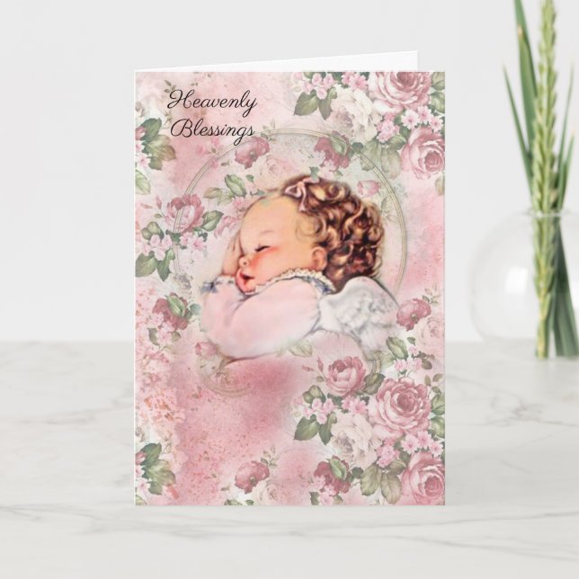 Vintage Baby Girl Religious Pink Roses Card (Front)