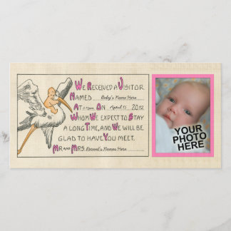 Vintage Baby Girl & Stork Birth Announcement Pink