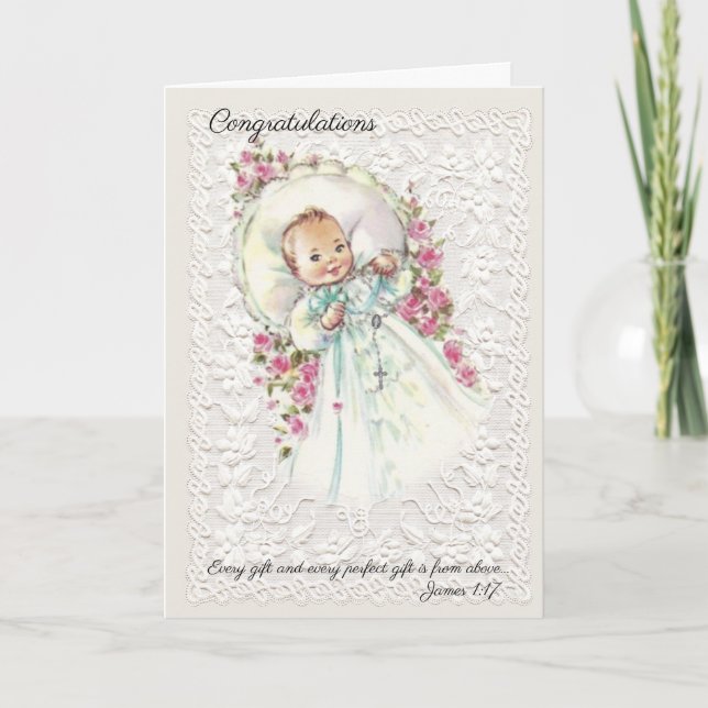 Vintage Baby Girl with Rosary Pink Roses Card (Front)
