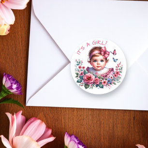 Vintage Baby Girl's Baby Shower   It's a Girl Classic Round Sticker