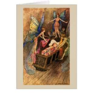 Vintage - Baby in Cradle with Fairies,
