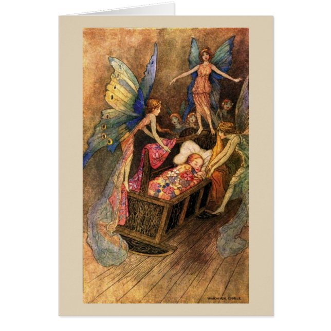 Vintage - Baby in Cradle with Fairies, (Front)