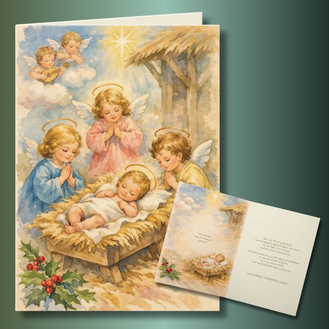 Vintage Baby Jesus Angels Scripture Verse  Holiday Card (Creator Uploaded)