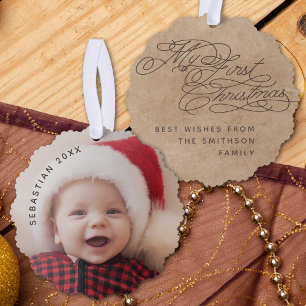Vintage Baby My First Christmas Text Photo Elegant Tree Decoration Card