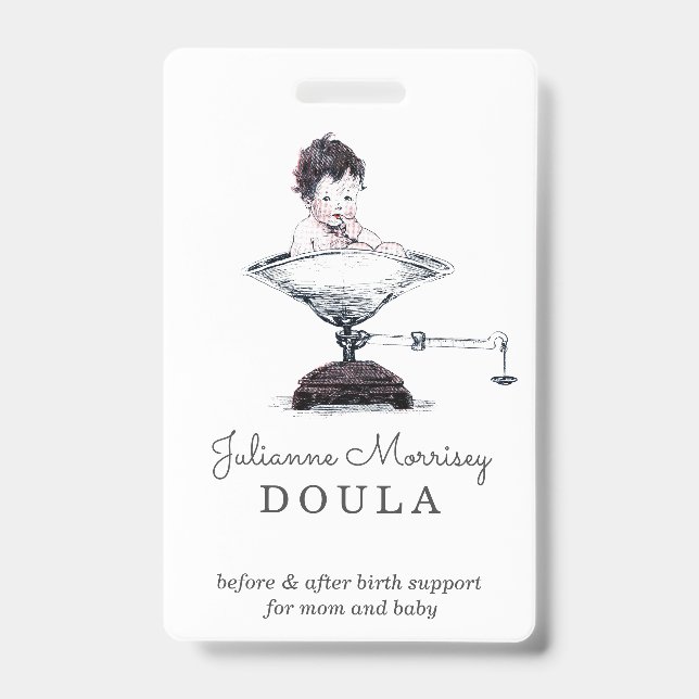 Vintage Baby On Scale Doula Badge ID Badge (Front)