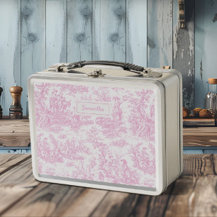 Vintage baby pink toile de jouy printed metal lunch box