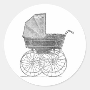 Vintage baby pram in black and white classic round sticker