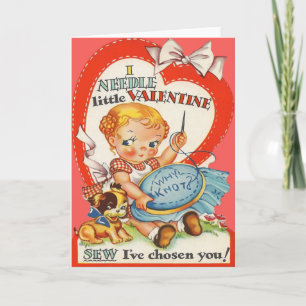 Vintage Baby & Puppy Doing Needlepoint Valentine Holiday Card