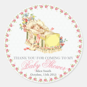 Vintage Baby Shower Baby in Crib Thank You Favour Classic Round Sticker