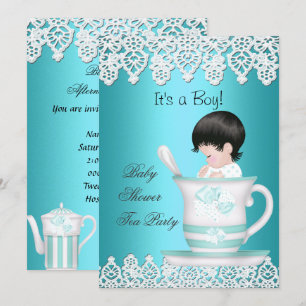 Vintage Baby Shower Boy Teal Baby Teacup lace Invitation