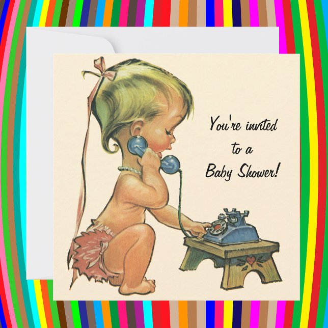 Vintage Baby Shower, Cute Girl on Phone Invitation (Creator Uploaded)