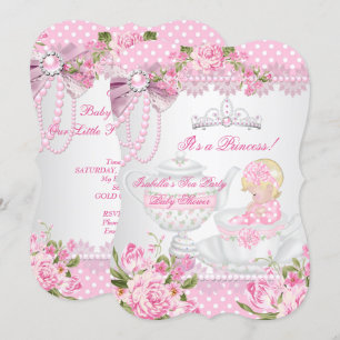 Vintage Baby Shower Cute Girl Pink Rose Tea Party Invitation