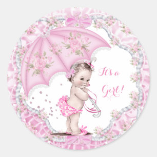 Vintage Baby Shower Girl Flowers Pink Umbrella Classic Round Sticker