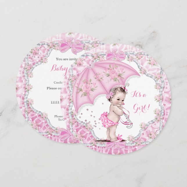 Vintage Baby Shower Girl Flowers Pink Umbrella Invitation (Front/Back)