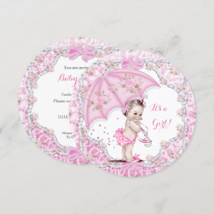 Vintage Baby Shower Girl Flowers Pink Umbrella Invitation