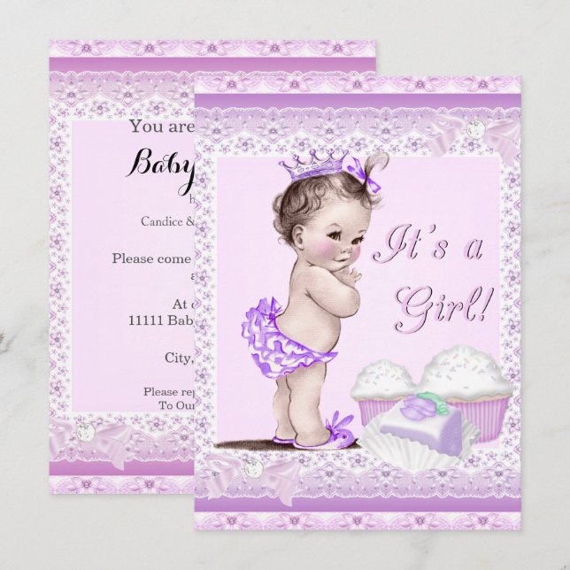 Vintage Baby Shower Girl Lavender Lace Cupcakes Invitation (Front/Back)