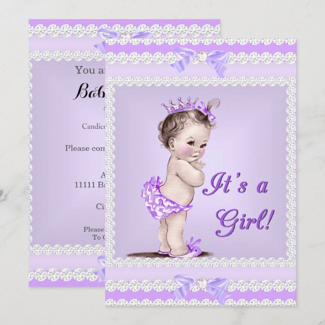 Vintage Baby Shower Girl Lilac Lavender Purple Invitation (Front/Back)