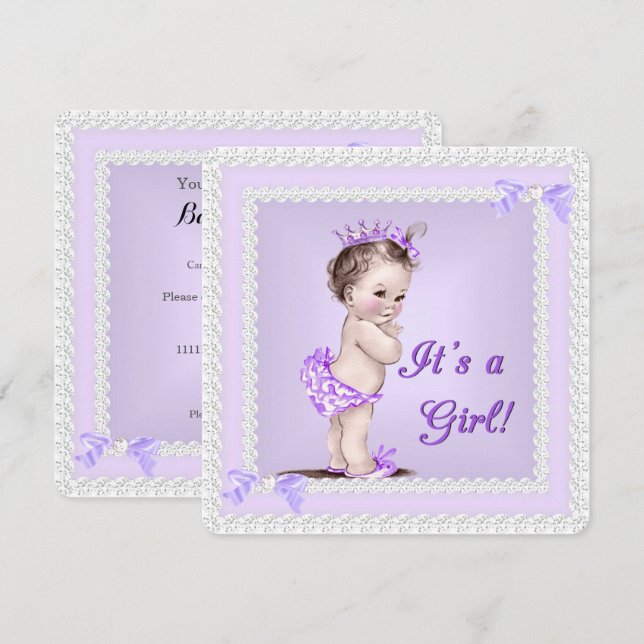 Vintage Baby Shower Girl Lilac Lavender Purple Invitation (Front/Back)