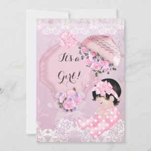 Vintage Baby Shower Girl Pink Parasol Roses Invitation