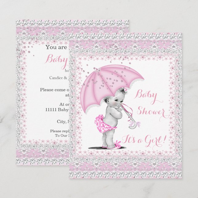 Vintage Baby Shower Girl Pink Sprinkle Umbrella Invitation (Front/Back)