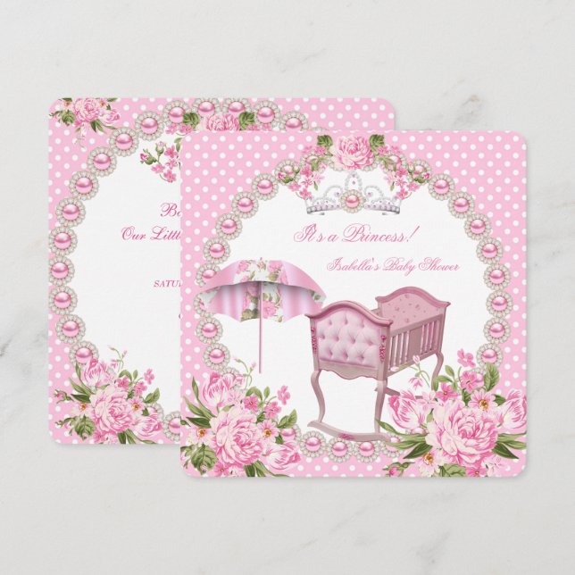 Vintage Baby Shower Girl Pink Umbrella Cradle Invitation (Front/Back)