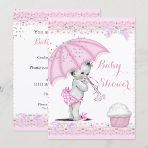 Vintage Baby Shower Girl Pink Umbrella Cupcake Invitation