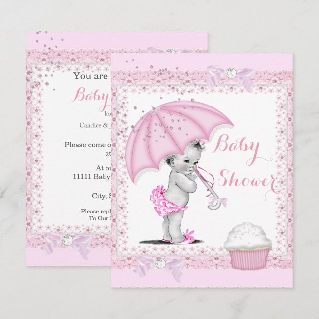 Vintage Baby Shower Girl Pink Umbrella Cupcake Invitation (Front/Back)