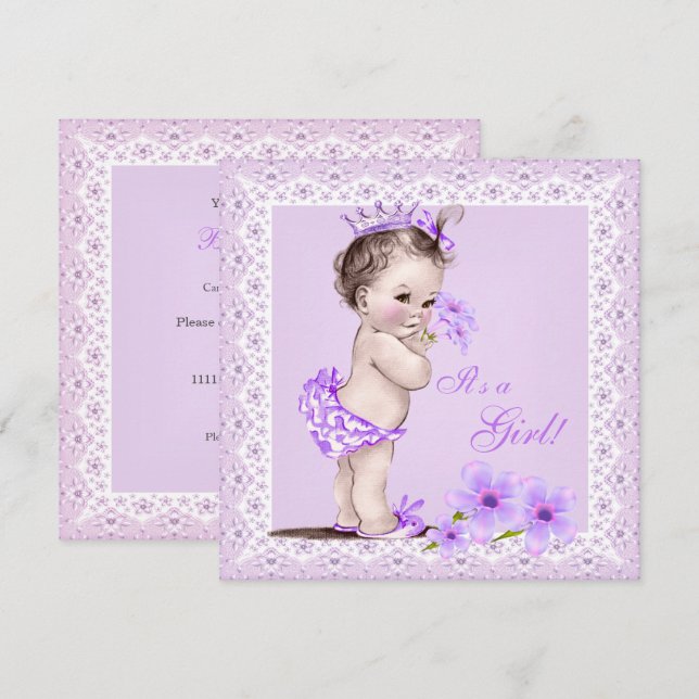 Vintage Baby Shower Girl Pretty Lavender Flowers Invitation (Front/Back)