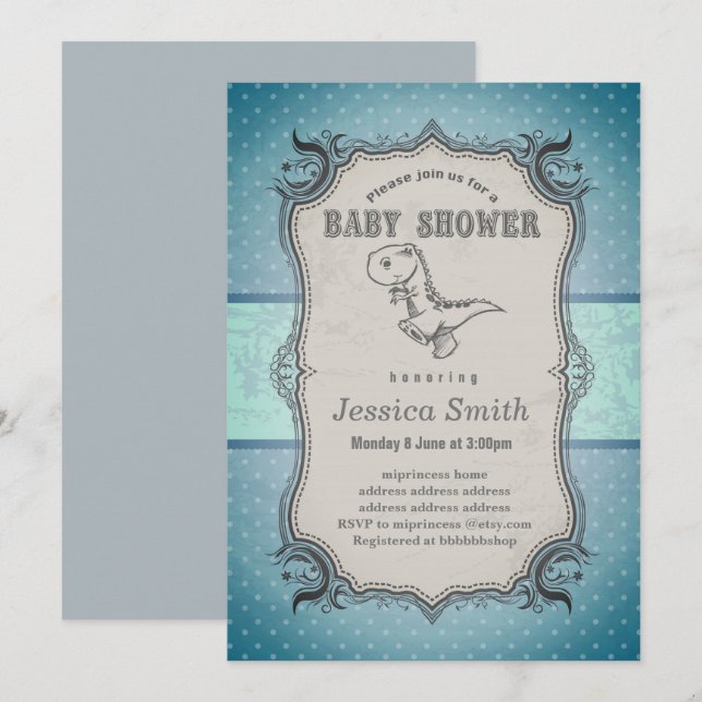 Vintage BABY SHOWER invitation - dinosaur (Front/Back)