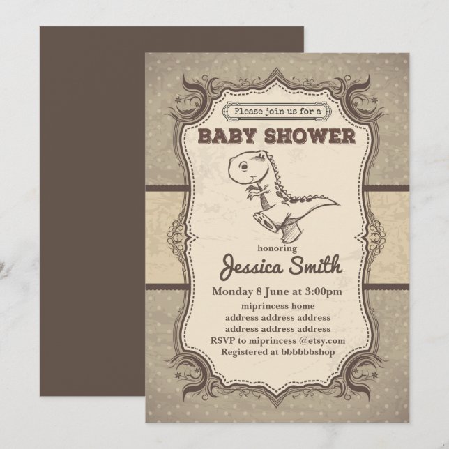 Vintage BABY SHOWER invitation -  dinosaur (Front/Back)