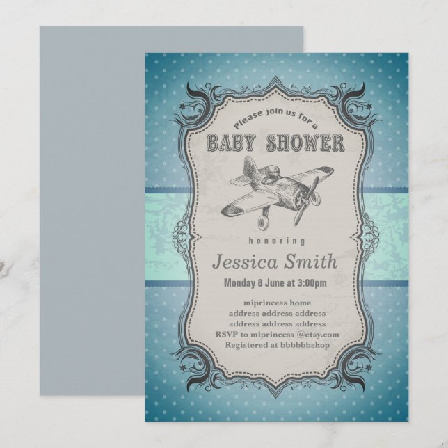 Vintage BABY SHOWER invitation - plane (Front/Back)