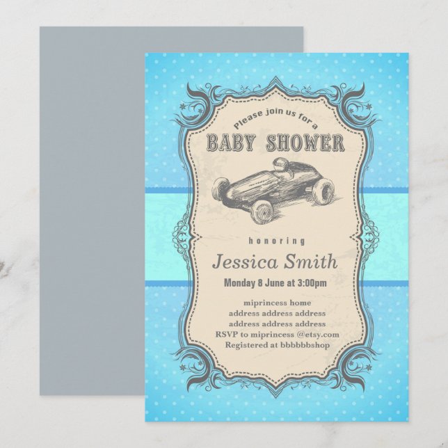 Vintage BABY SHOWER invitation - racing car (Front/Back)