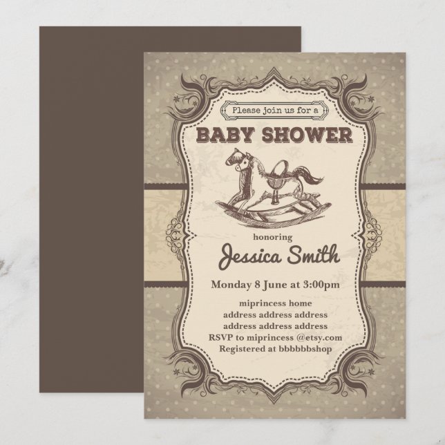 Vintage BABY SHOWER invitation - rocking horse (Front/Back)