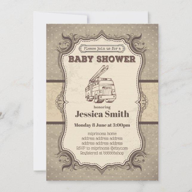 Vintage BABY SHOWER invitation - toy fire truck (Front)