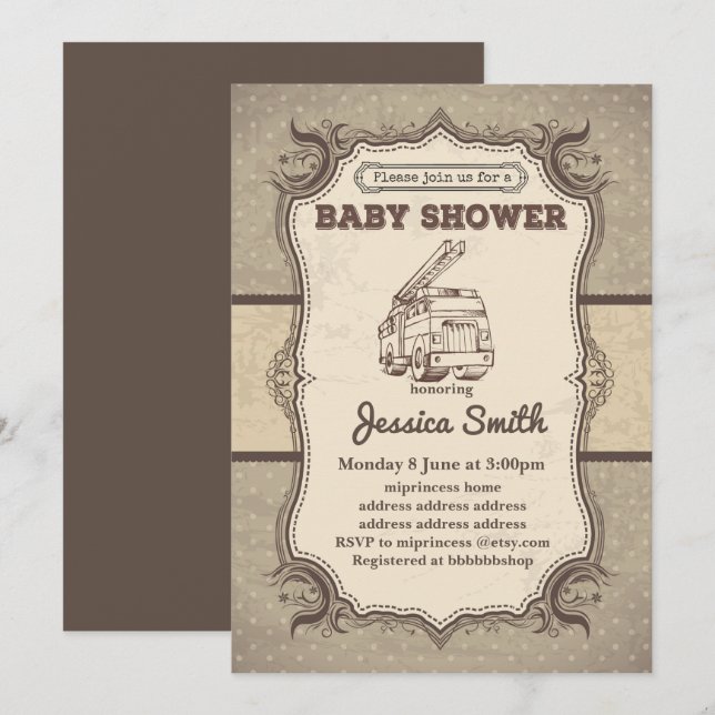 Vintage BABY SHOWER invitation - toy fire truck (Front/Back)