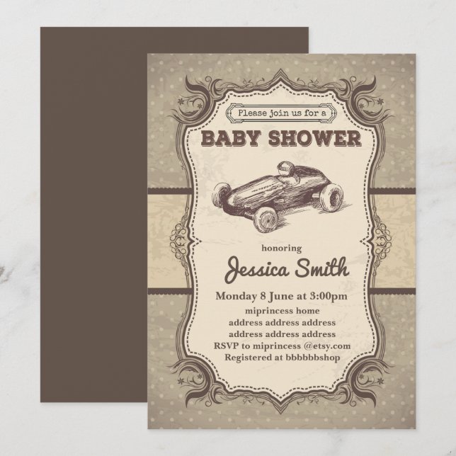 Vintage BABY SHOWER invitation - toy race car (Front/Back)