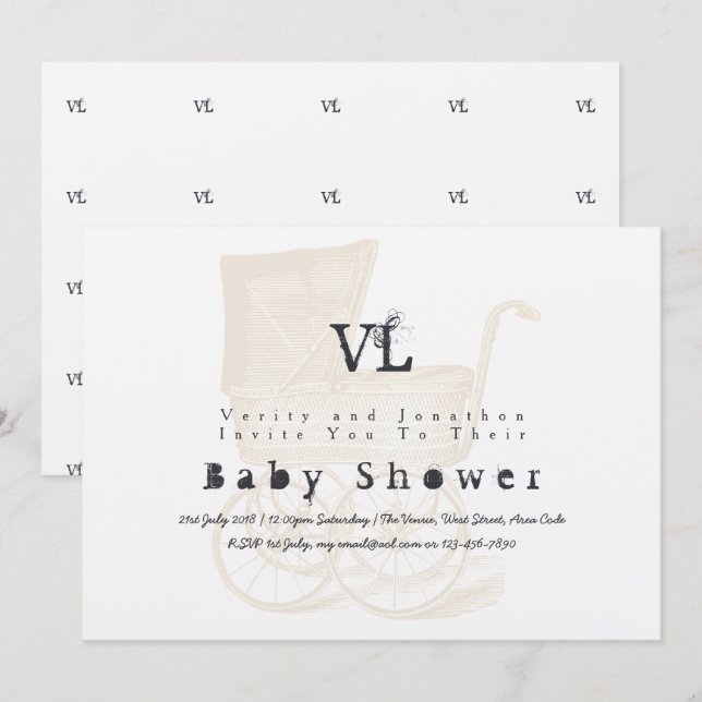 Vintage Baby Shower Invites Kraft Pram Gold (Front/Back)