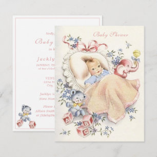 Vintage Baby Shower Pink Elephant Blue Bear Invitation