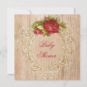 Vintage Baby Shower Red Rose Wooden Frame Invitation