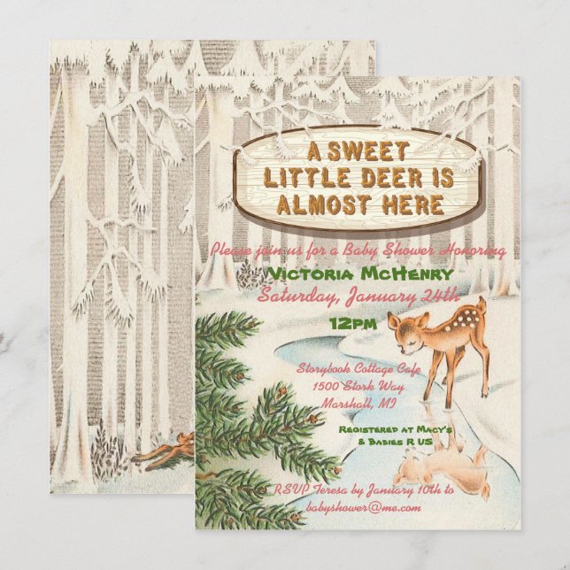 Vintage Baby shower Winter woodland Deer Girl Invitation (Front/Back)